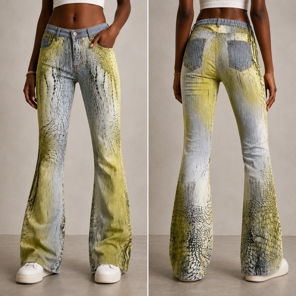 Wood Grain Print Flare Pants Green Grey 29x31 Graphic Streetwear Y2K